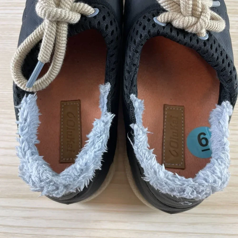 OluKai Women's Black Quilted Slip‎ On Shoes with Faux Fur Lining Size 6